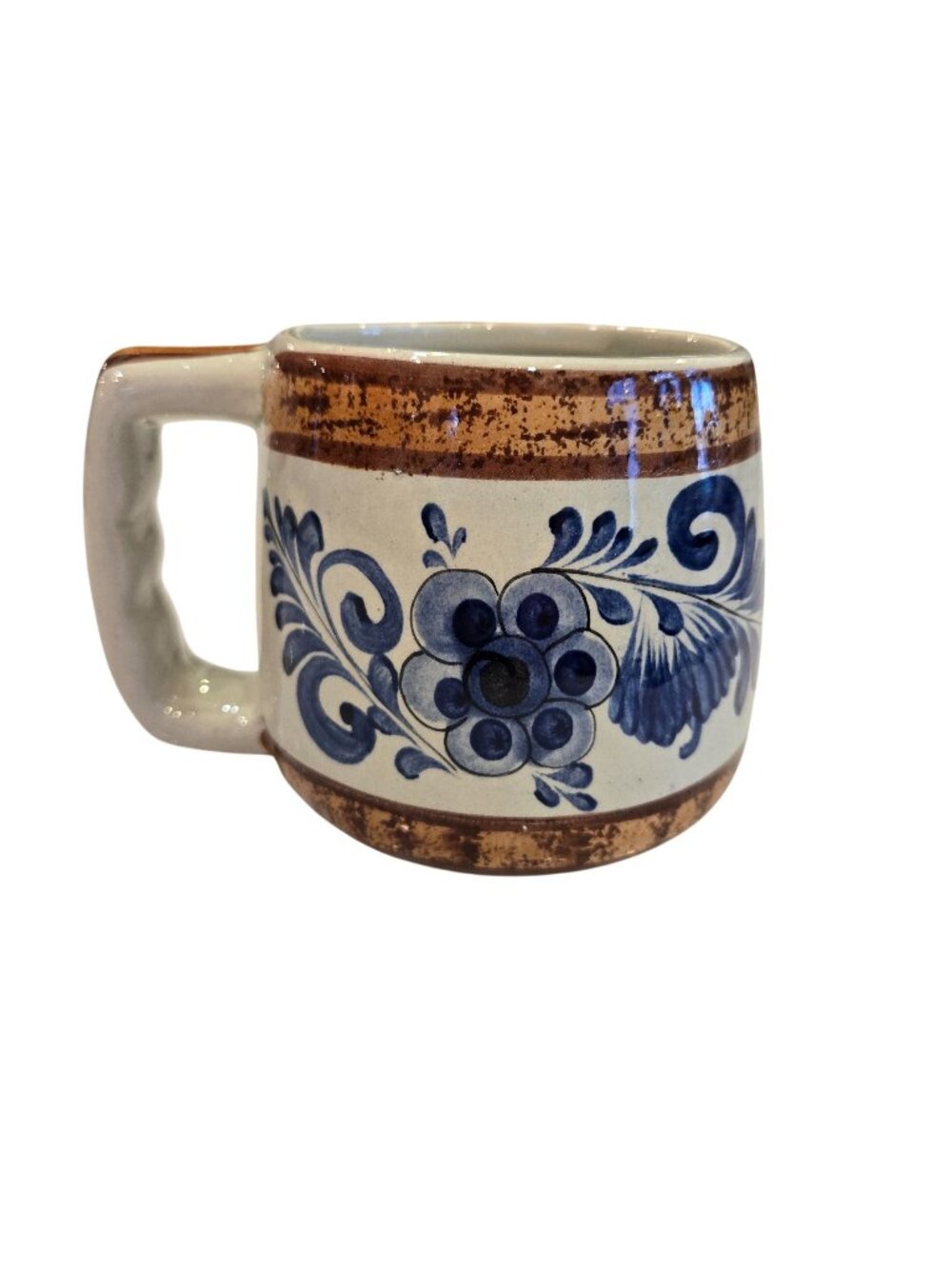Vintage Tonala Mexican Folk Art Blue Floral Pottery Stoneware Mug Cup Signed